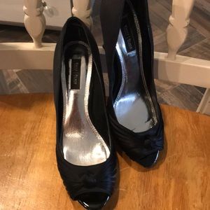 WHbM Black satin heels with leather bottoms